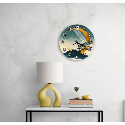 Japanese Inspired Tempered Glass Wall Clock, Modern Moon Landscape Art, Teal & Gold Zen Decor, Minimalist Pine Tree Hanging, Large Round Gift