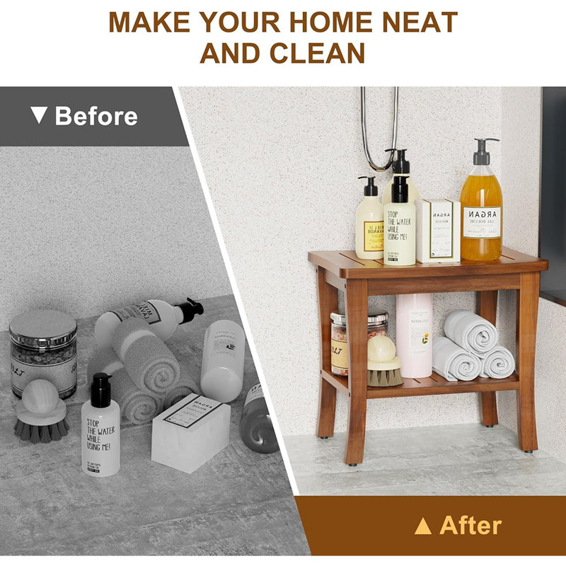 Wood Shower Bench Stool With Storage Shelf, Wooden...