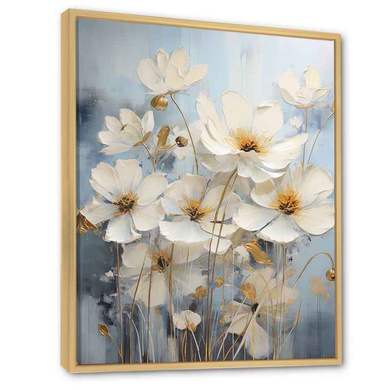 Minimalisme beige et renoncules bleus sur fond bleu I sur toile, H 32 po x l 24 po x P 1 po, Cadre simple blanc