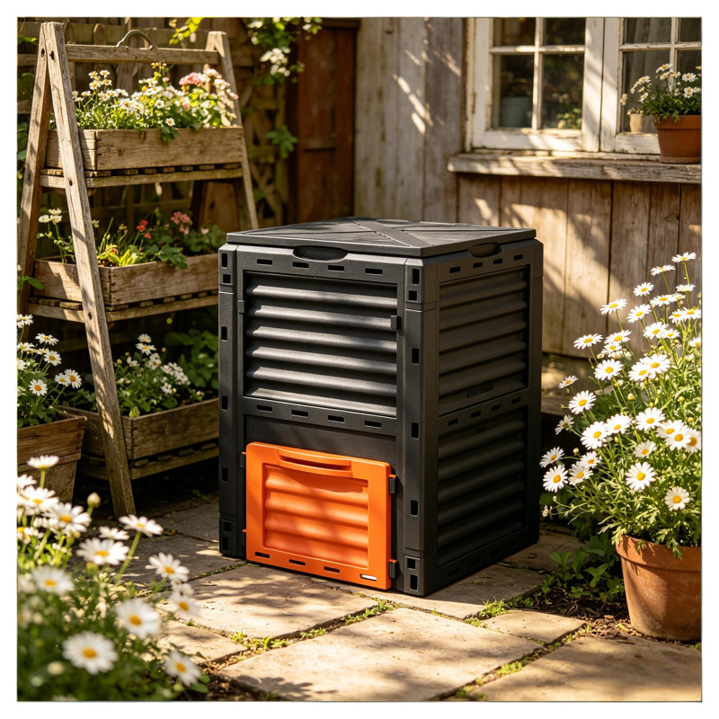 Composteur d'extérieur 80 gallons avec système d'aération, composteur en polypropylène de grande capacité pour déchets de jardin et déchets alimentaires, noir et orange