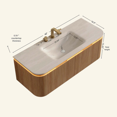 Meuble-lavabo et lavabo de salle de bain, armoire rayée à bords arrondis avec 2 tiroirs, capteur de lumière, lavabo intégré en pierre frittée à motif de travertin, pré-assemblé