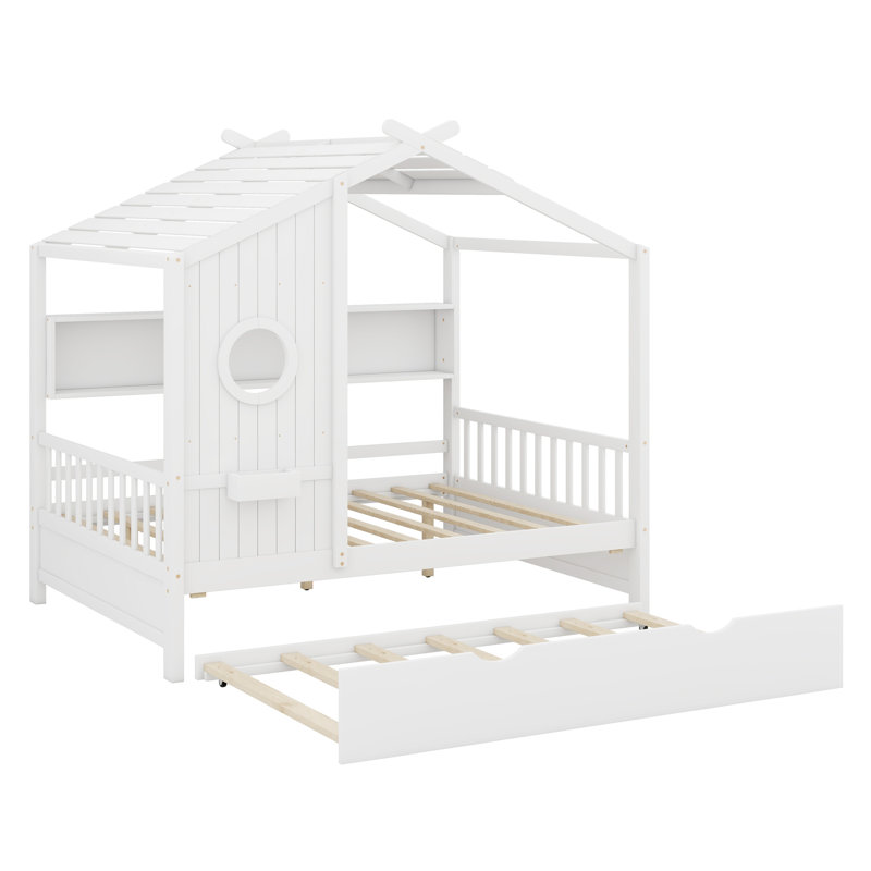 Lit de maison en bois avec lit gigogne, conception moderne pour enfants avec tablette de rangement