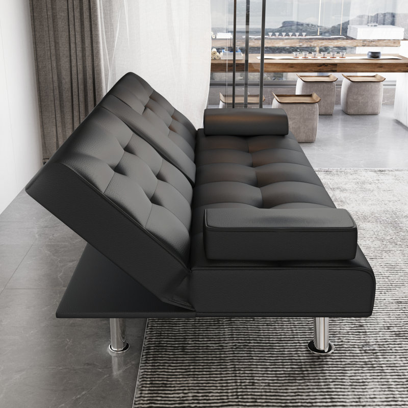 Craner Twin 66" W Faux Leather Tufted Back Convertible Sofa, Black
