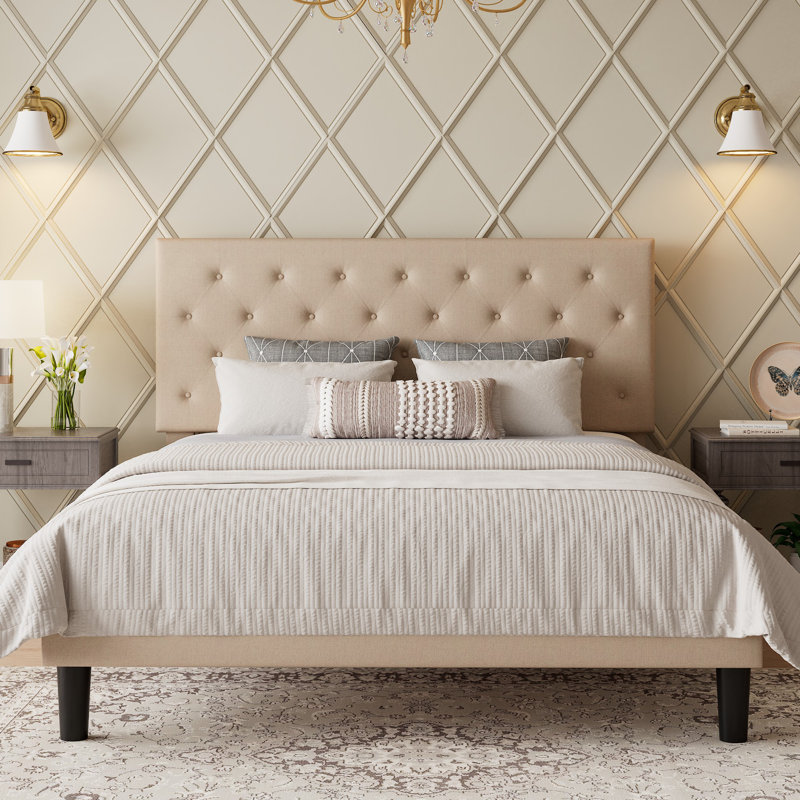 Full Size Modern Faux Leather Upholstered Platform Bed Frame, with Button Tufted Headboard, No Box Spring Needed, Full, White