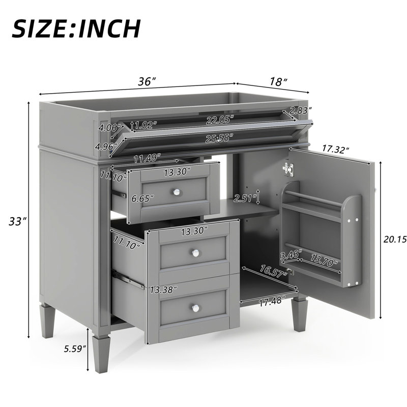 Armoire de rangement 36 po pour salle de bain de style moderne avec 2 tiroirs et un tiroir basculant. Cadre en bois massif. Solide. Gris. Tablette réglable H 33 po x l 18 po, espace fonctionnel. Poignée texturée. Facile à