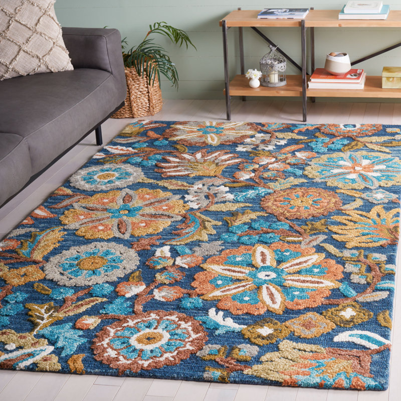 Rubylee Hand Tufted Wool/Cotton Floral Rug in Blue/Ivory, Rectangle 5' x 8'