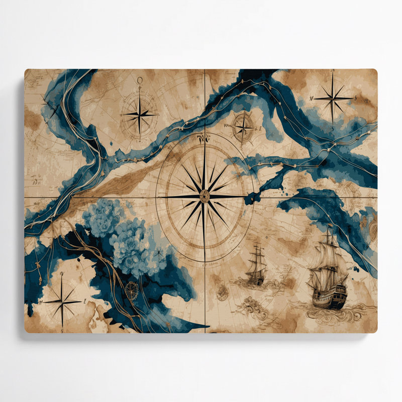 Art nautique brun, "Nautical navigation route", H 8 po x l 10 po