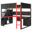 Lit mezzanine en bois pleine grandeur avec escalier de rangement, bureau, tablettes et panneau perforé, noir et rouge-607960438-607960439
