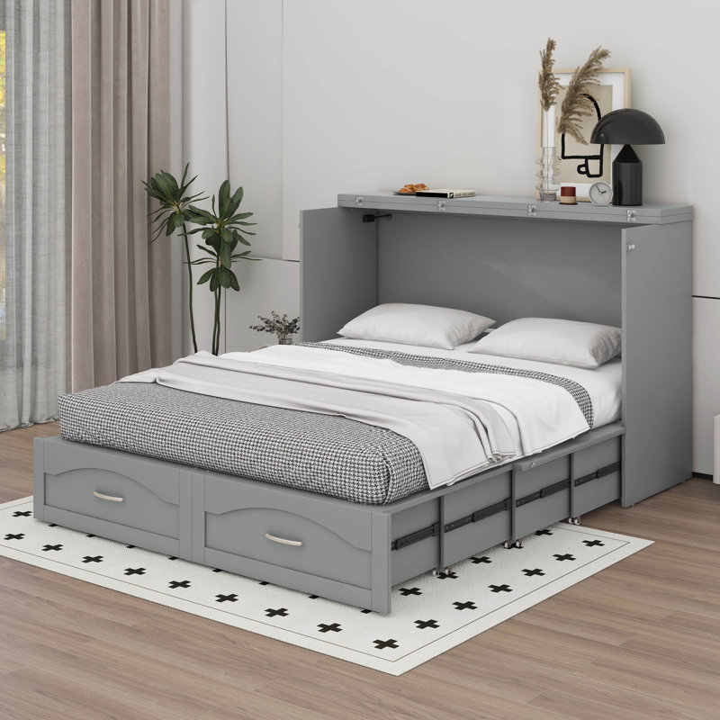 Lit escamotable avec tiroir et port USB, Gris, Grand lit