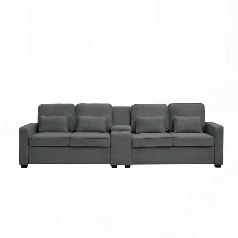 Canapé en bois massif durable avec 4 coussins et tissu en lin pour une assise confortable, Gris foncé