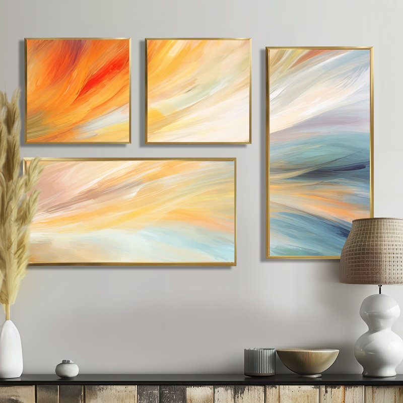 Vague rétro bleue et orange élégance I - Formes abstraites, impressions sur toile, 4 pièces, Doré