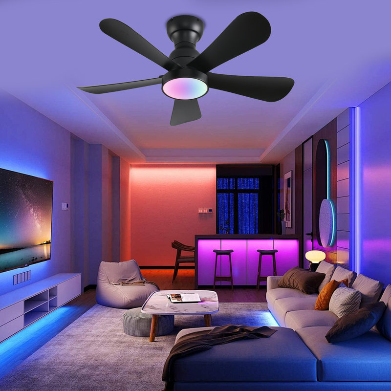 42 Inch RGB Ceiling Fans With Led Light and Remote/App Control, Flush Mount, RGB Dimmable Light, Modern Black Ceiling Fan for Kids Bedroom, Indoor/Covered Outdoor Use