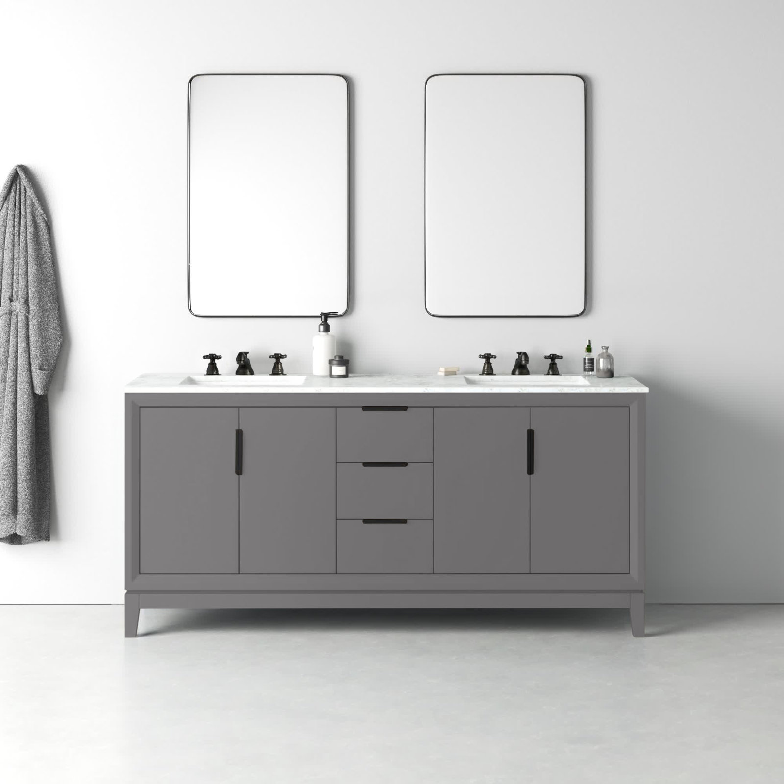 Charlise 72" Carrara Marble Double Bathroom Vanity, Cashmere Grey, Hook