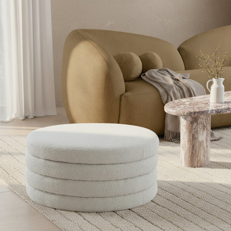Amy-Claire Upholstered Ottoman, Cream Boucle Fabric