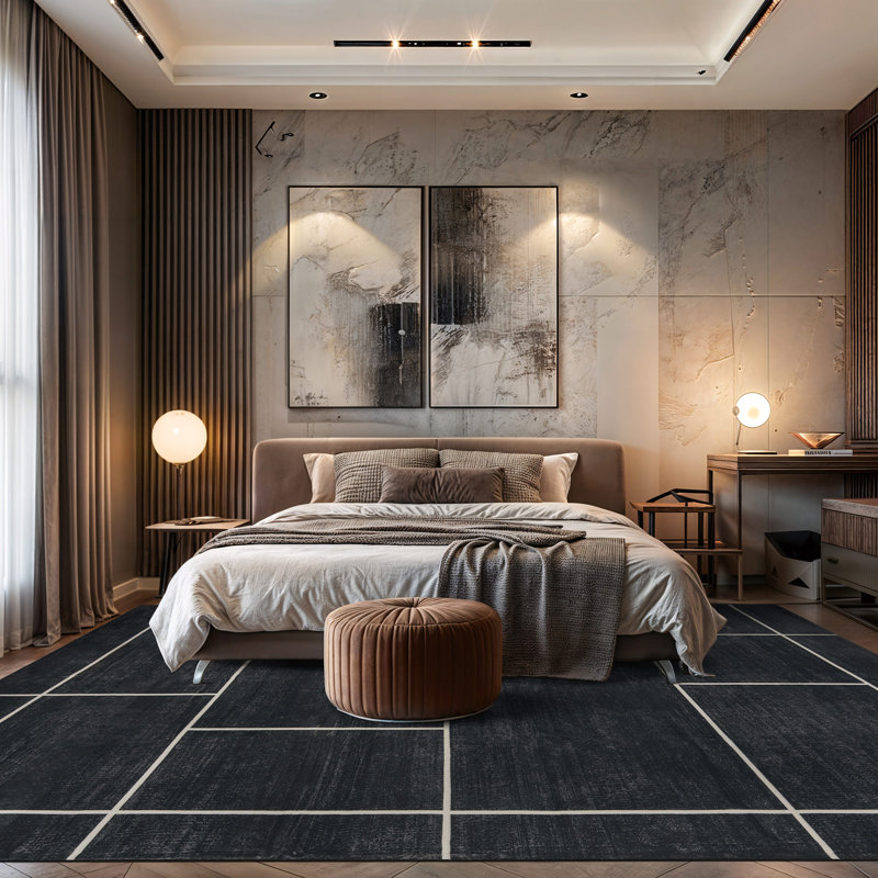 Tapis noir antidérapant Windowpane Grid, 9 pi x 12 pi