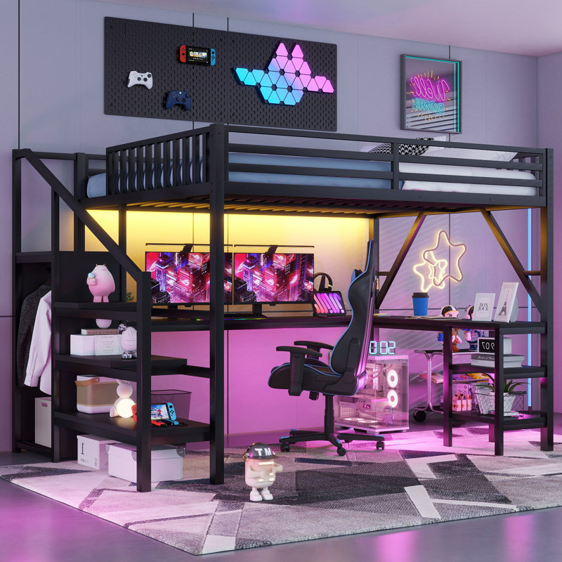 Queen Size Metal Loft Bed with L-Shaped Desk, Wardrobe, LED Lights & USB Charging Station for Kids Teens Adults, Black