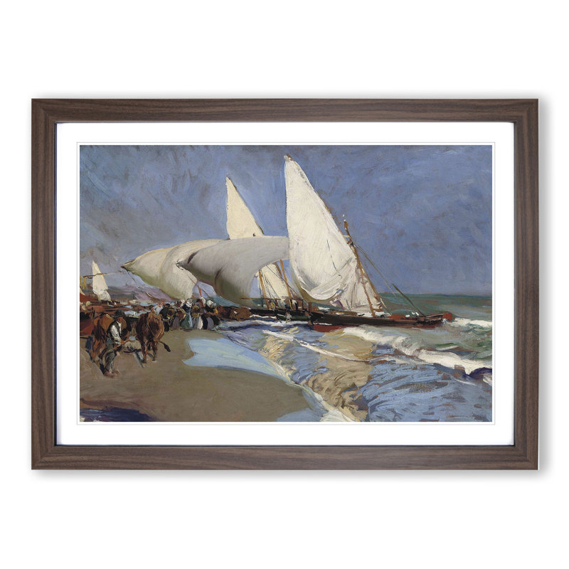 The Merchant Ships by Joaquin Sorolla Y Bastida - Picture Frame Painting on MDF, Walnut Framed, 36cm H x 48cm W x 2cm D
