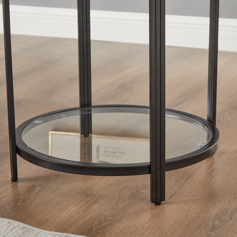 Table de bout ronde 19,7 po à 2 niveaux en verre trempé avec cadre en métal architectural noir, Noir
