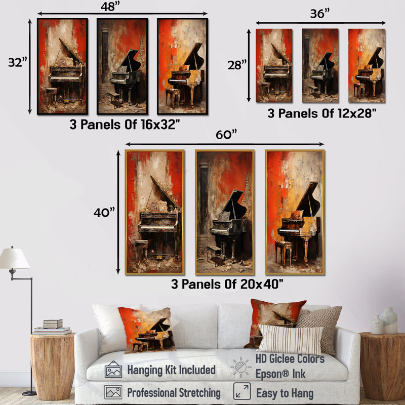 Ensemble de salon Vintage Piano Timeless Tunes - Music Piano Wall Art, Cadre flottant brun, H 40 po x l 60 po