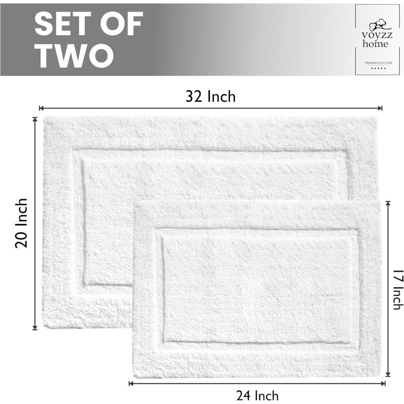 Set of 2 Solid White Bath Mats, White, 20*32 & 17x24