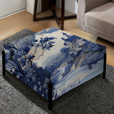Motif victorien bleu cobalt à motif de chevaux de jardin - grand repose-pieds carré abstrait