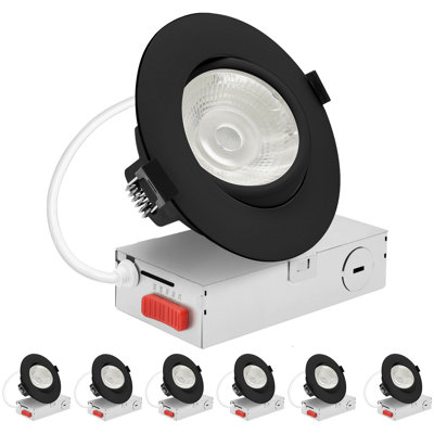 LUXRITE 4 In. Gimbal LED Recessed Light, 5CCT 2700K-5000K, 15 Watts, 1250LM, Adjustable 360º + 30º Swivel Spotlight, Dimmable, IC Rated Black 6 Pack