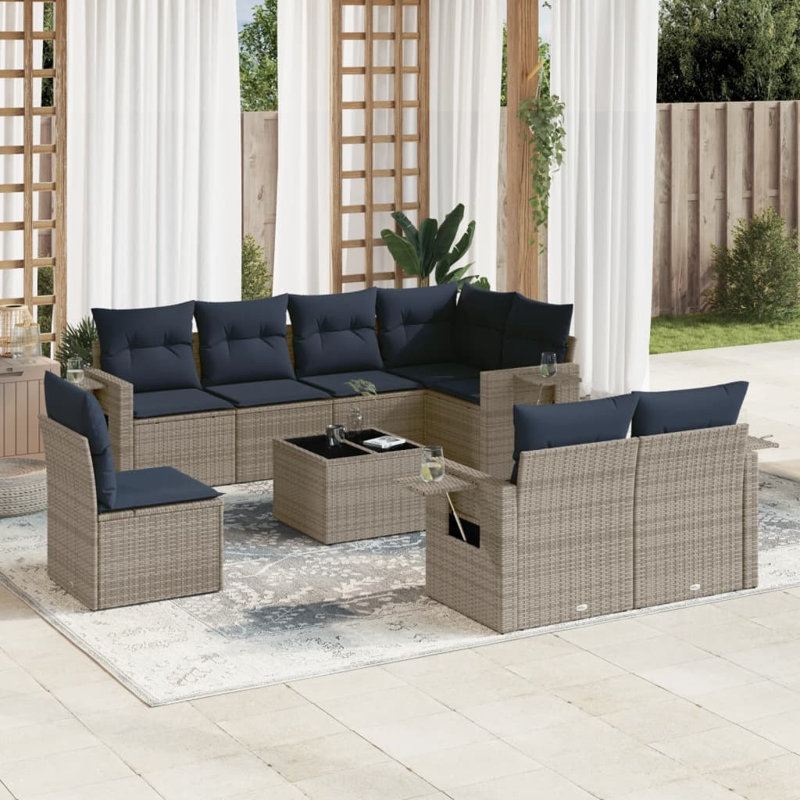 9 Piece Patio Sofa Set With Cushions Poly Rattan, Grey, Navy