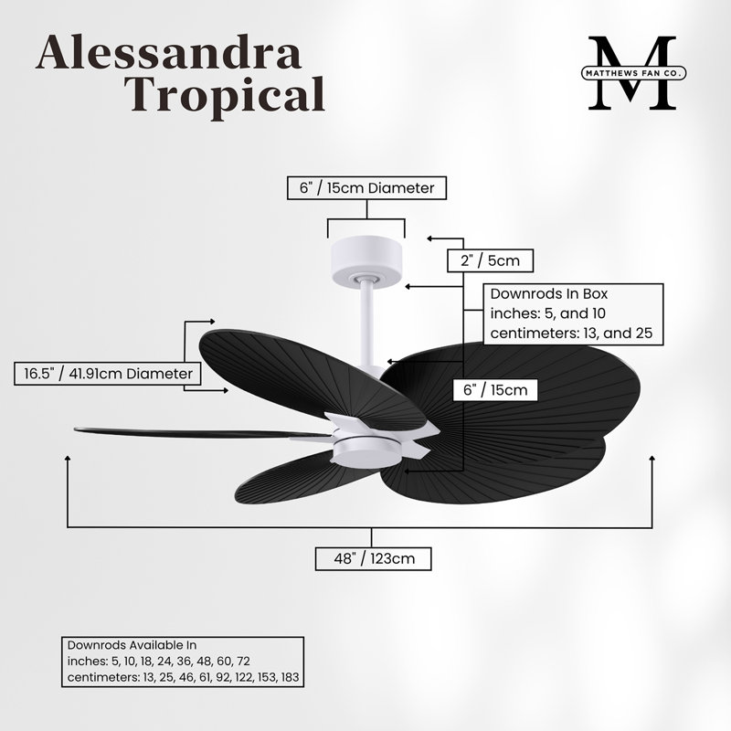 Alessandra - Ventilateur de plafond à cinq pales, Noir mat, Blanc mat