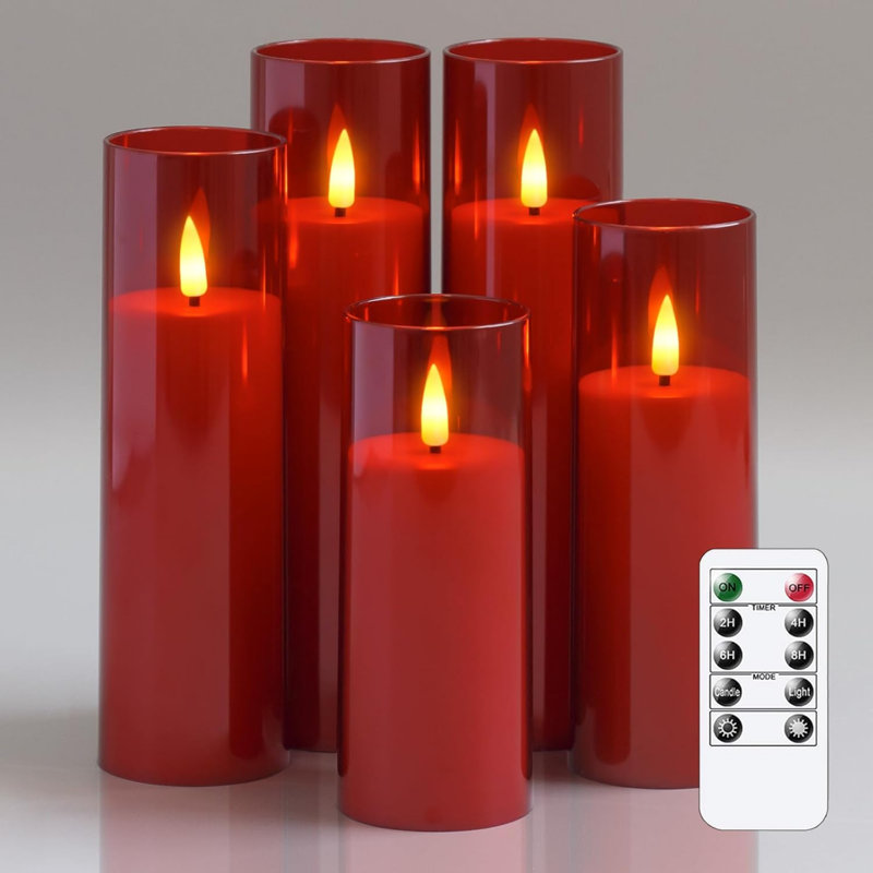 Acrylic Flameless Flickering LED Candles with Remote Control and Timer, Battery Operated Fake 5.5cm x 12.5 15 17.5 20 20cm Plastic Pillar Candles for Home Decor Long-Lasting, Red