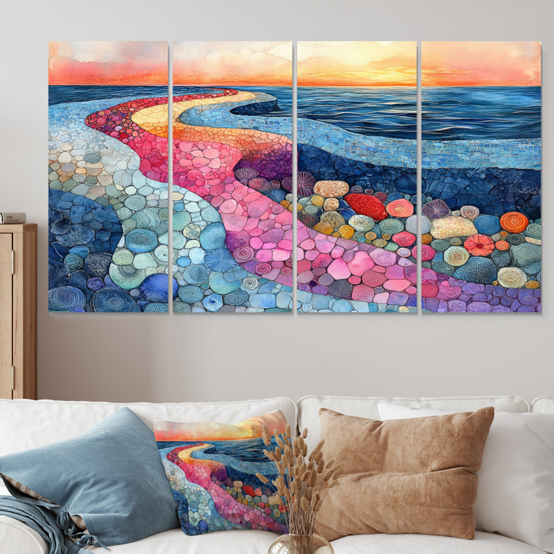 Bord de mer dans des tons roses et bleus - ensemble d'impression d'art mural côtier, H 28 po x l 48 po