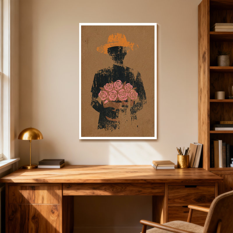 «Plants & Flowers Silhouette Man Hat Roses», reproduction d'art, H 32 po x l 48 po