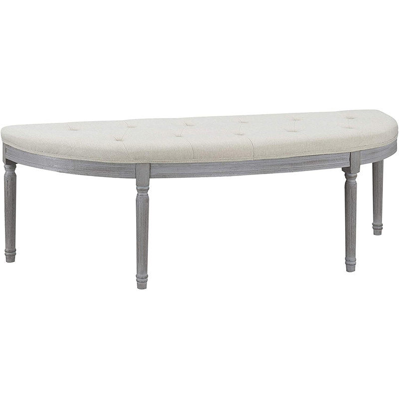 Coastal Button Tufted Light Beige Upholstered Bench With Weathered Gray Legs
