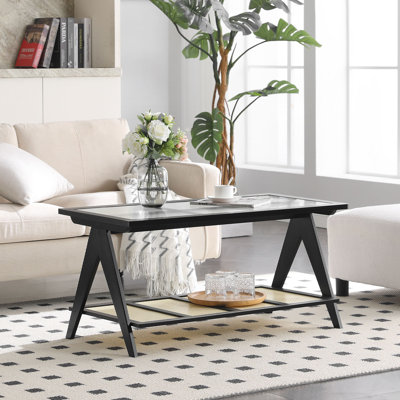 Table basse à plateau en verre 39,4 "avec tablette en rotin ABS