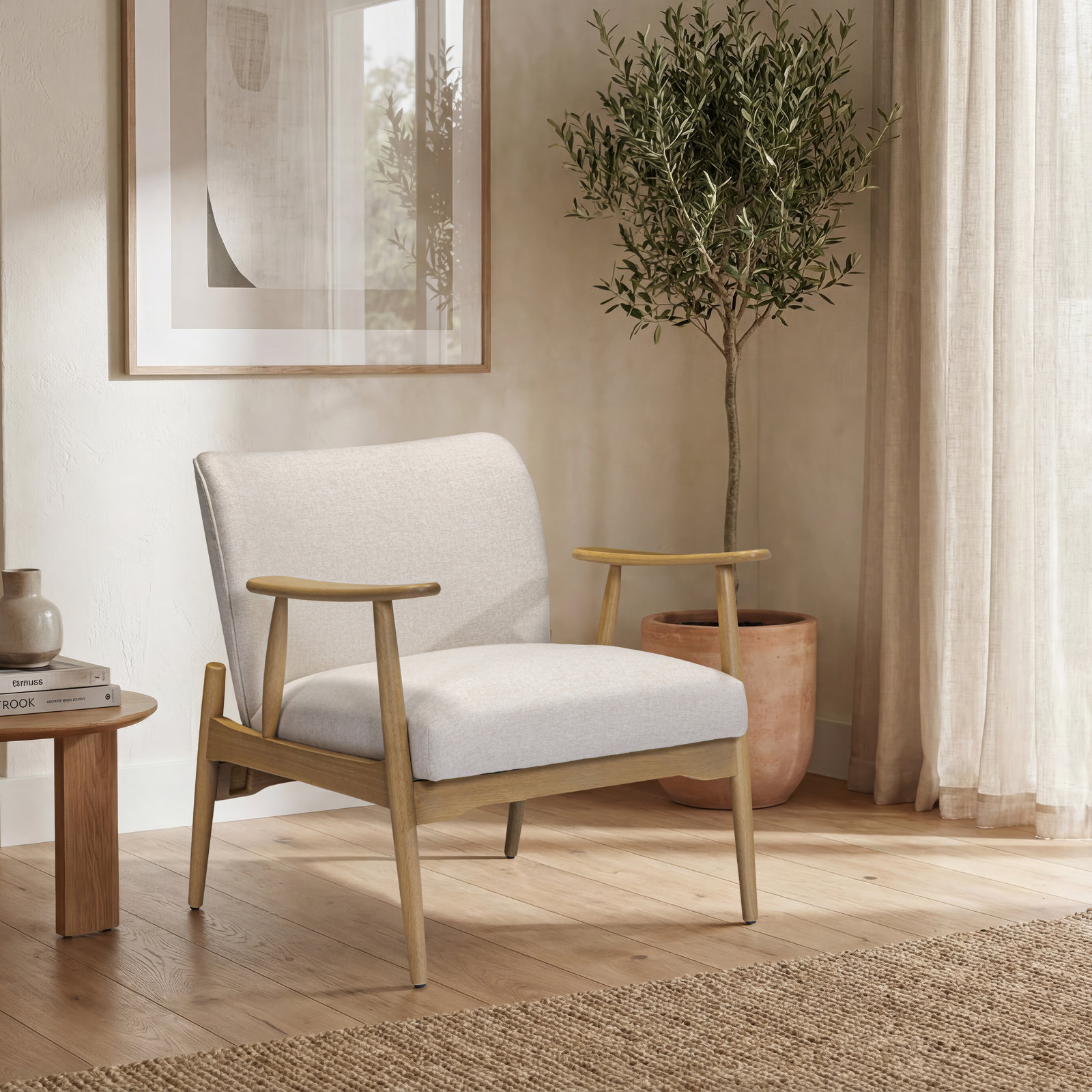 Elon 37" W Lounge Chair, Cream, Gray Wood