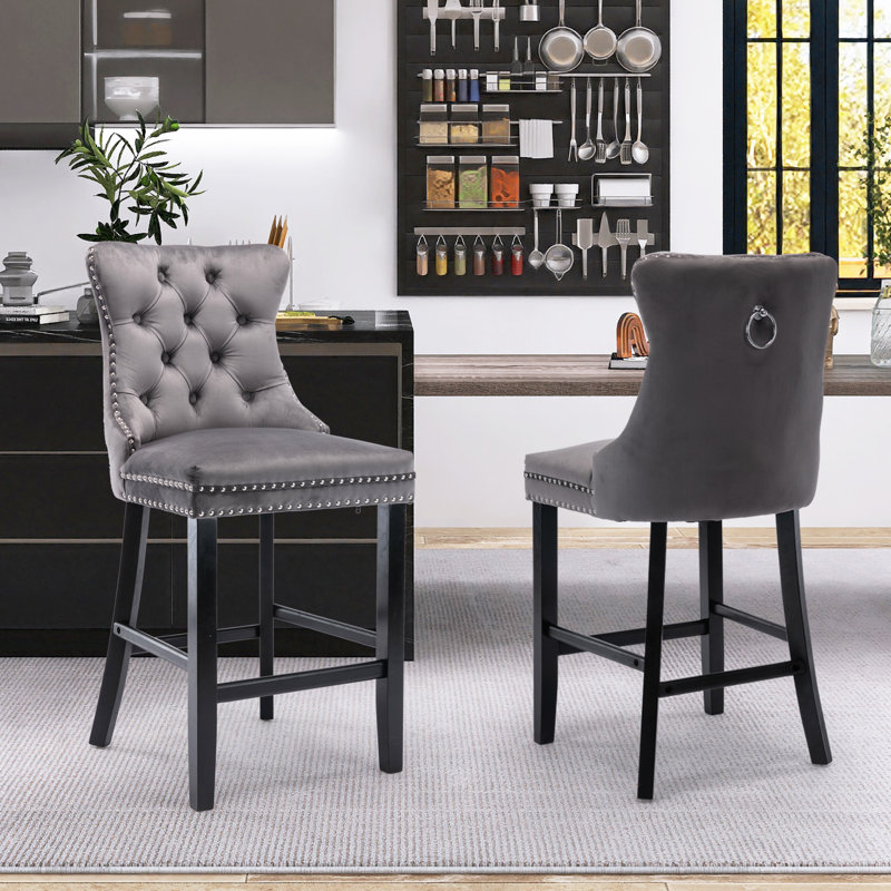 Upholstered Counter Stool with Solid Wood Frame, Black, Gray