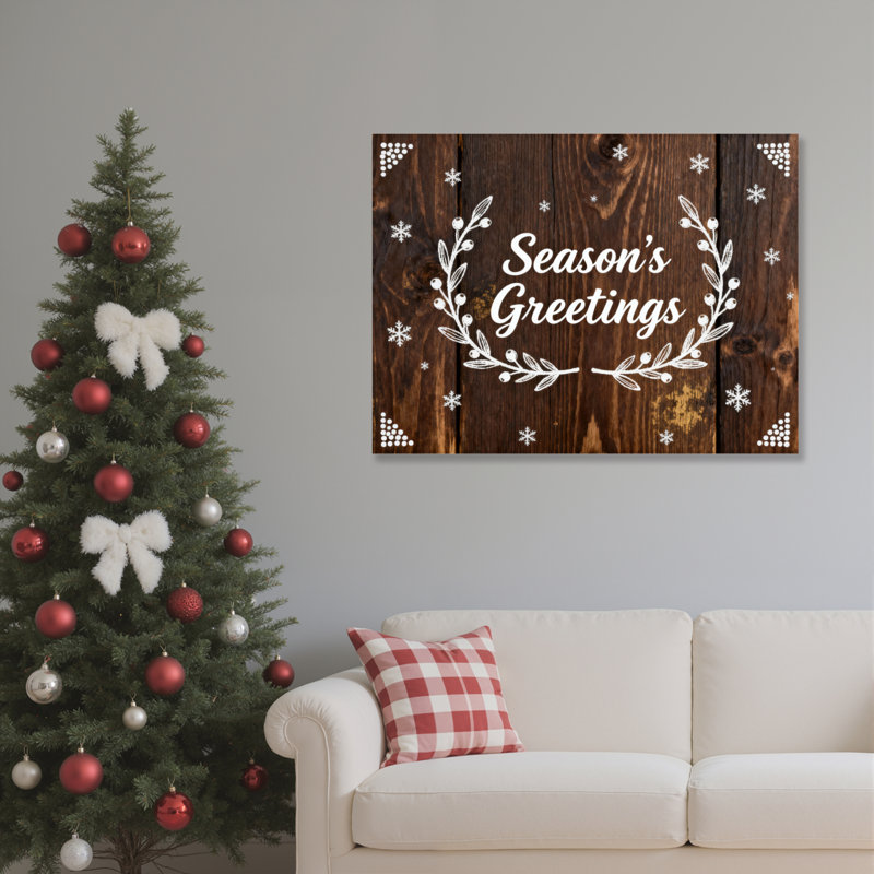 «Seasons Greetings Wreath» et motif de flocons de neige, ensemble de 1 reproduction d'art sur toile tendue sur toile de style rustique