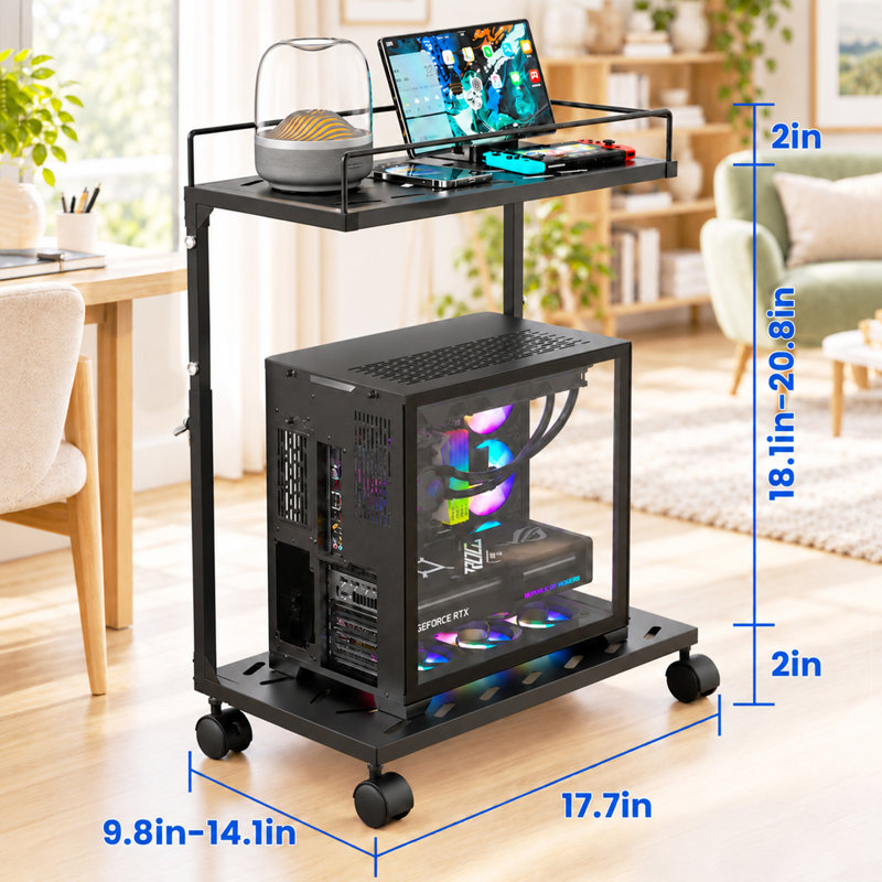 Adjustable CPU Holder Rolling Computer Tower Stand, 150lbs Heavy Duty 2-Tier Mobile PC Cart with Lockable Casters & Ventilated Shelves, Height & Width Adjustable Under Desk Stand for Home Office Gaming, Black