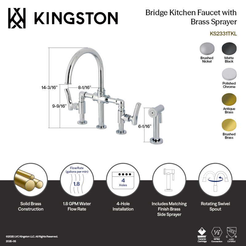 Kingston Brass Hallerbos Two-Handle 4-Hole Deck Mount Bridge Kitchen Faucet with Brass Side Sprayer, Brushed Nickel