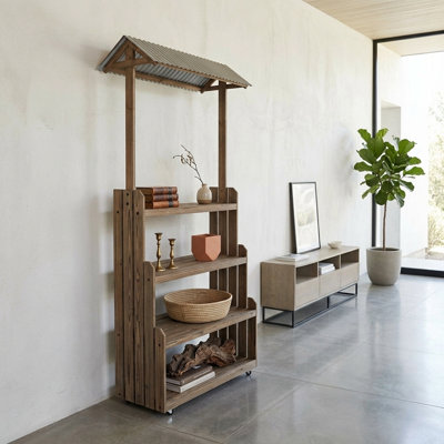 Adeline 4-Tier Brown Wood Display Stand, Rustic Farmhouse Market Cart with Corrugated Metal Roof