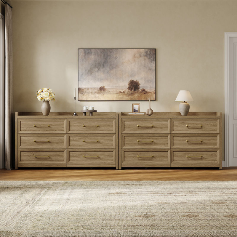 56.4"W Modern 6-Drawer Dresser, Natural Oak