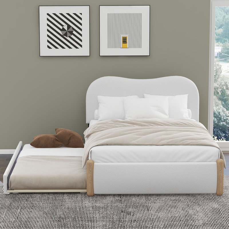 Upholstered Platform Bed with Wood Supporting Feet and Trundle Aevah, Twin, White