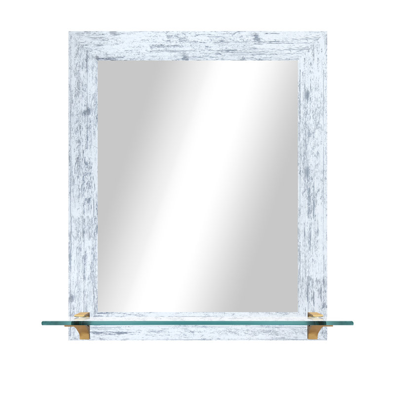 Kridia Mirror with Shelves, 25.5" H x 21.5" W, White Weathered/Brass, Vertical