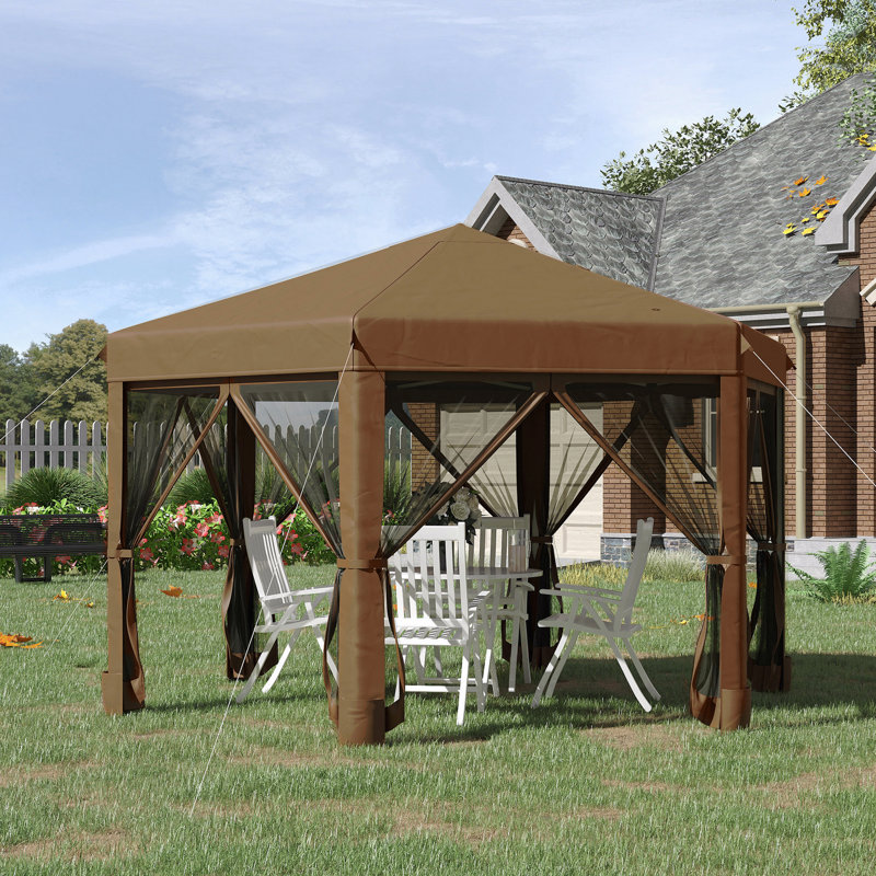 Pavillon de jardin hexagonal escamotable 13 X 11 pi, pour une utilisation extérieure avec hauteur réglable et structure en acier (brun)
