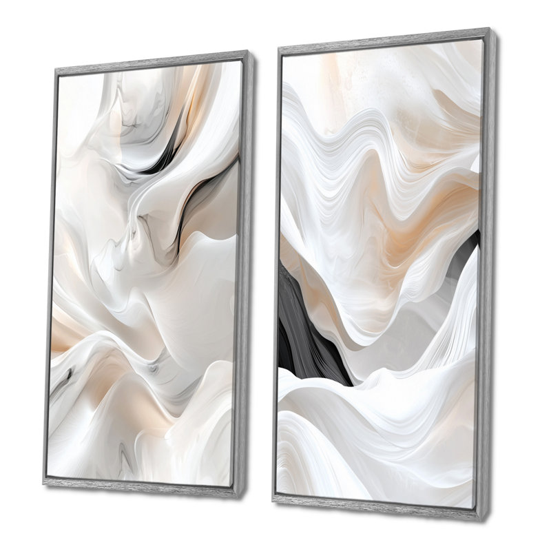 «White Ripples Of Stone III - Abstract Modern Waves», ensemble de 2 pièces d'art mural, Encadrement argenté