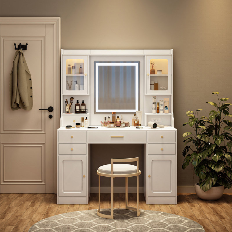 Grande coiffeuse avec miroir, 6 tiroirs et tablettes, bureau de commode