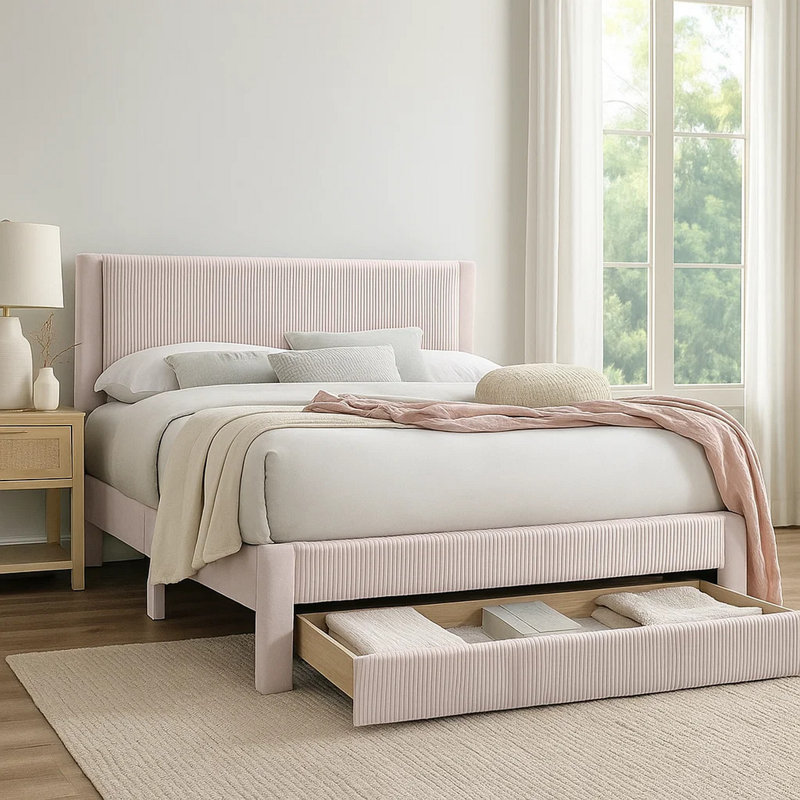Daisy Full Bed W Drawer, Light Pink Corduroy Upholstery, Foam Headboard, Light Pink