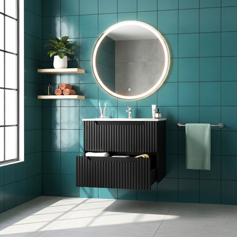 Ensemble de meuble-lavabo mural avec évier flottant 24 po Goodyo, système de fermeture en douceur, 2 très grands tiroirs, noir