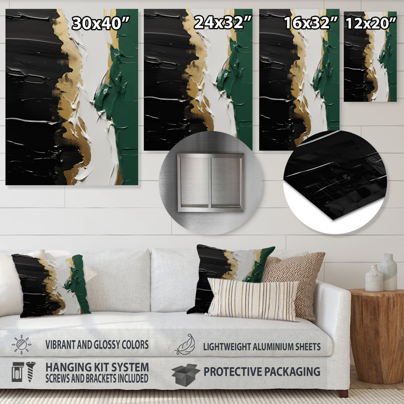 «Golden Green» et «Black Ink Merge IV» - art mural abstrait en métal, H 32 po x l 16 po x P 1 po