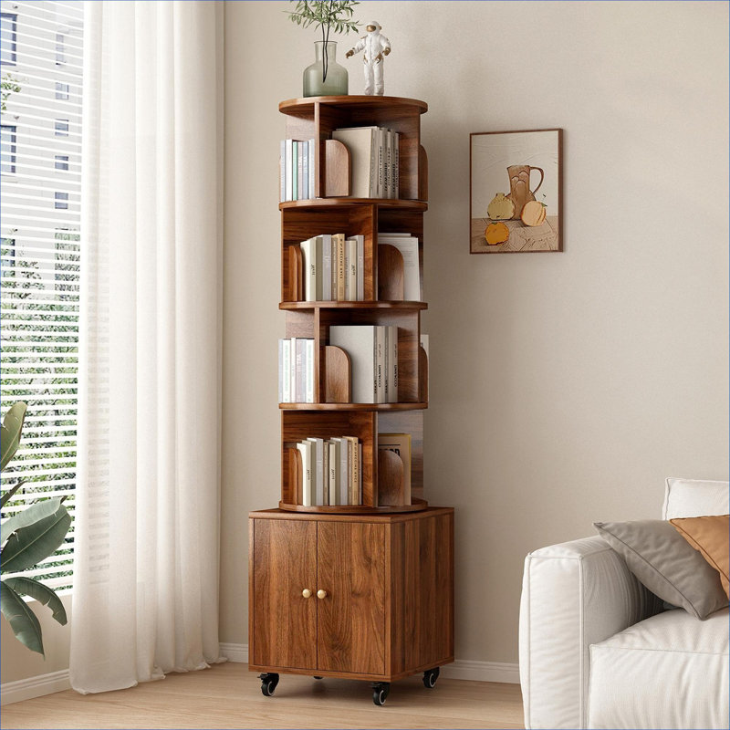 Bibliothèque d'angle rotative à 5 niveaux en panneau de fibres à densité moyenne, support de rangement compact au sol avec tiroir à double porte, finition brune pour les petits espaces