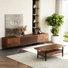 Ensemble de table basse Mid-Century en noyer avec poignées cachées, pieds en métal noir et rangement spacieux